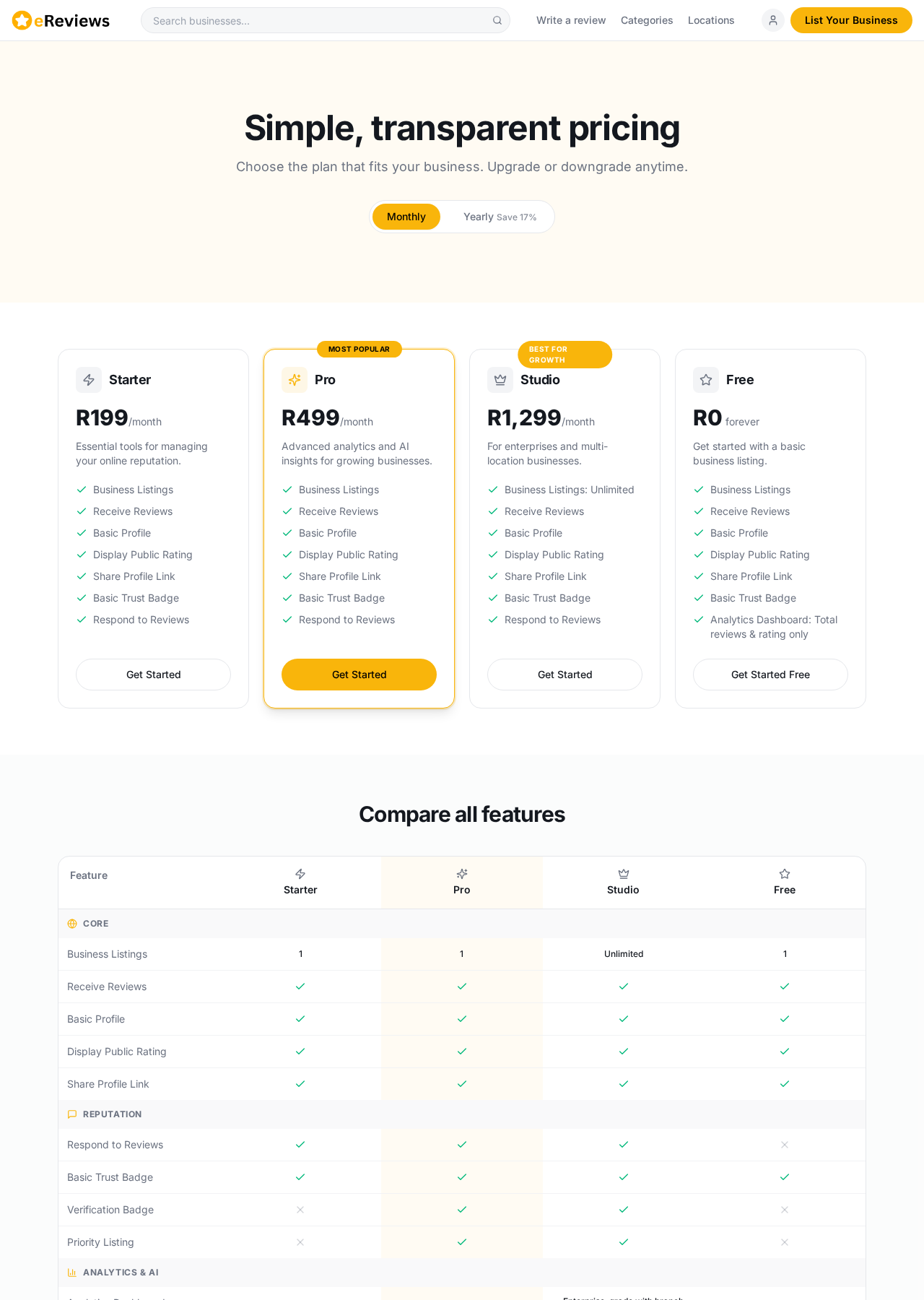 eReviews pricing plans